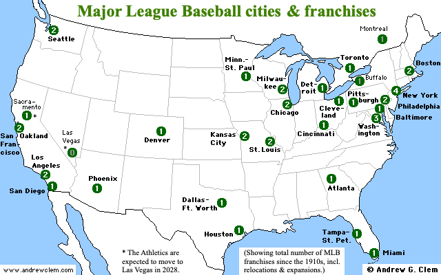 MLB cities and franchises map